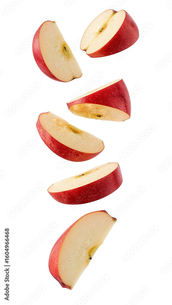 Poster floating ruby slices of crisp fruit cascade against a stark contrasting setting for artistic effect