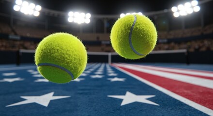 Tennis balls mid-air above the surface of tennis court in colors of american flag, stadium lights on background. Championship, game, professional sport, international world-class tournaments