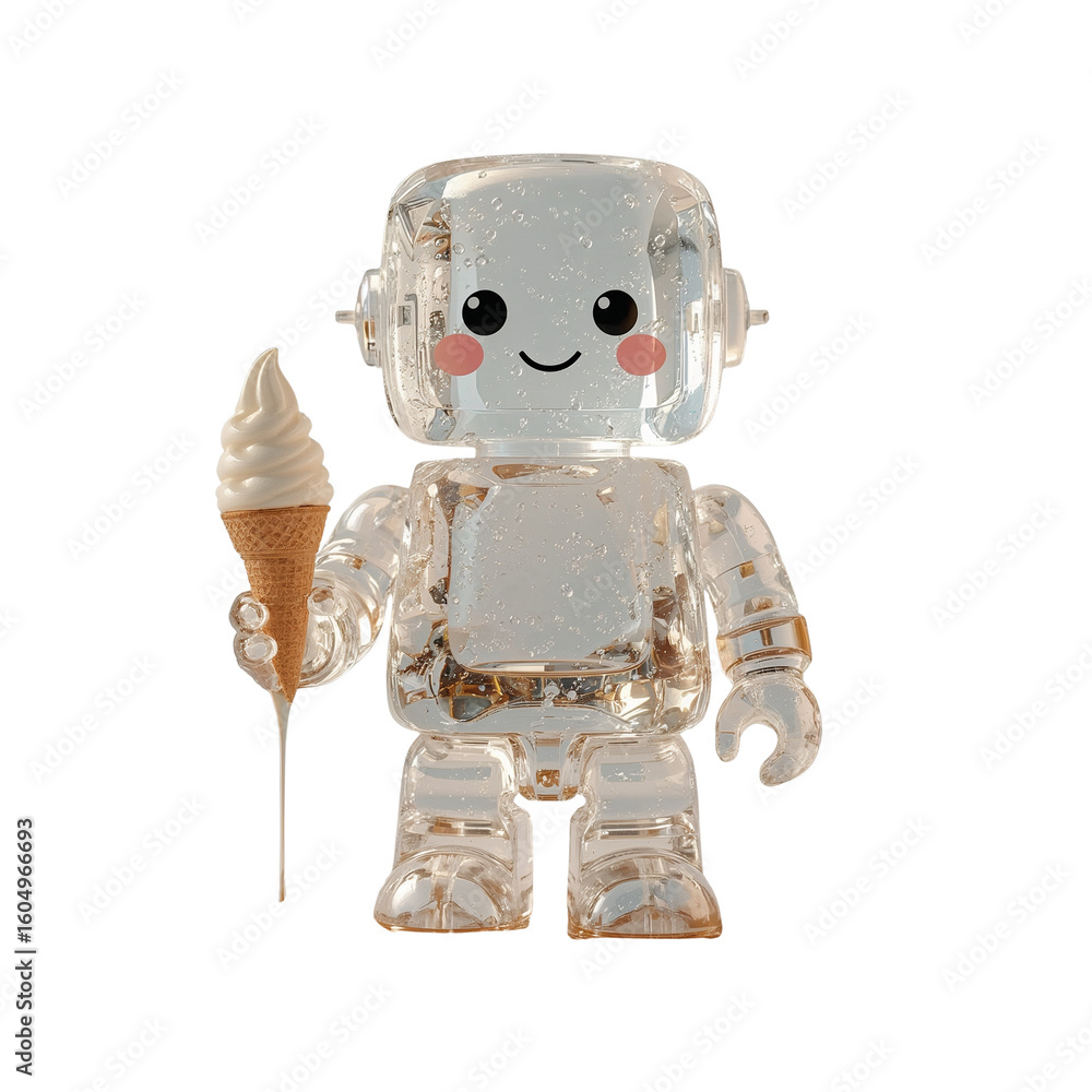 Poster whimsical transparent robot character holding an ice cream cone on isolated transparent setting