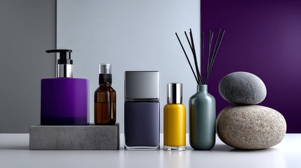 Naklejka premium Minimalist spa beauty product bottles in purple and gray setting with stones diffuser and soap tray