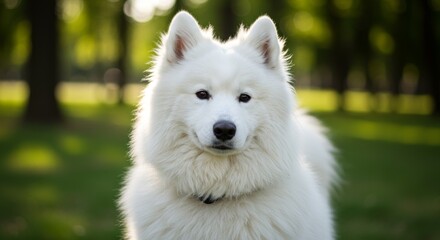 Samoyed Dog in Green Park - A fluffy white Samoyed dog sits serenely in a lush green park, embodying loyalty, purity, and companionship. It represents happiness, peace, and the beauty of nature