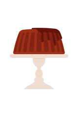 Chocolate bundt cake with glaze on stand. Dessert served on pedestal dish in flat style. Simple illustration, stock flat vector, isolated.