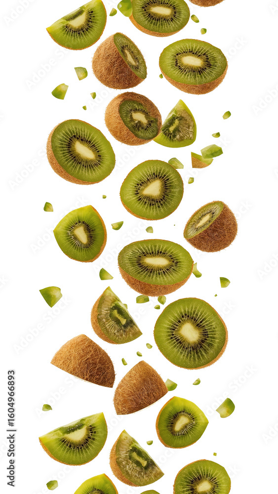 Poster dynamic display of sliced kiwi fruits creates a vibrant and refreshing visual arrangement on a