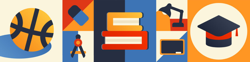 Horizontal back to school banner with geometric flat icons: books, basketball, eraser, lamp, chalkboard, graduation cap, compass. Modern cartoon panoramic education wallpaper in colorful grid layout.