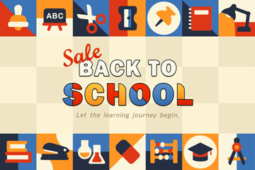 Back to school flat vector banner with cartoon learning icons: notebook, chalkboard, graduating cap, lab tools in grid tile layout with sale promo banner text. Discount wide poster, Special offer card
