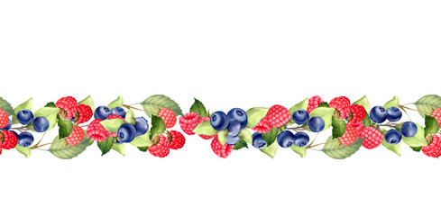 Hand-drawn Berry Seamless Border Illustration. Raspberry Blueberry decorative frame