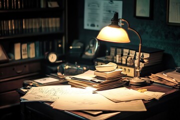noir detective office cluttered with case files, glowing desk lamp