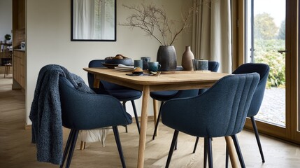 Fototapeta premium Wooden dining table with dark blue upholstered chairs.