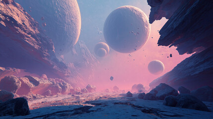 Surreal landscape of shattered planets floating in space