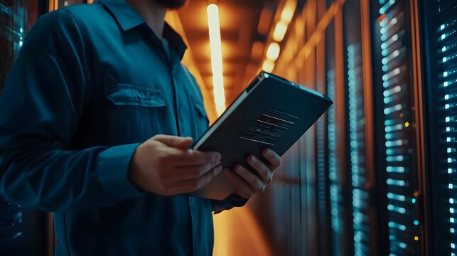 IT Technician Monitoring Data Center Server Security with Digital Tablet, ensuring network security and smooth data backup operations in modern server room. with blurred background