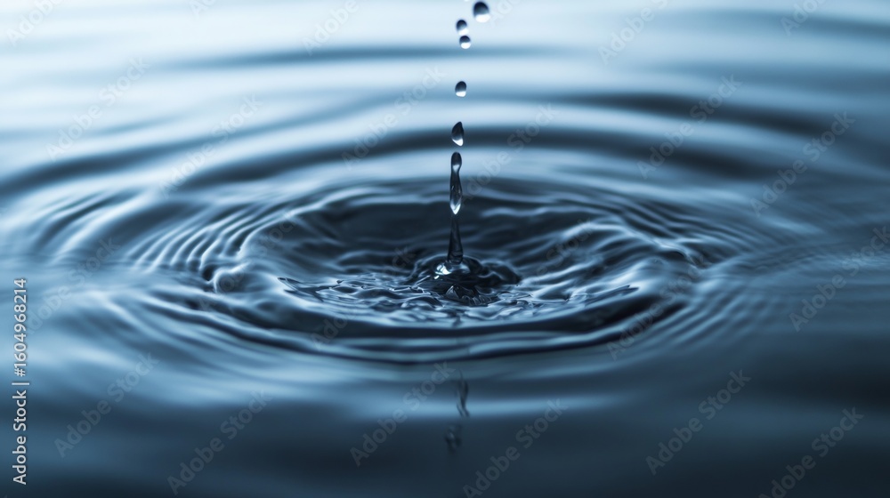 Poster single water drop hitting calm surface creating concentric ripples in dark minimal liquid background