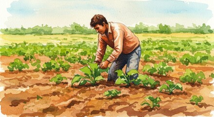 Watercolor Field Worker: Latin American Migrant Farming - A watercolor painting depicts a Latin American migrant worker tending to crops in a field, symbolizing resilience, hard work, immigration,