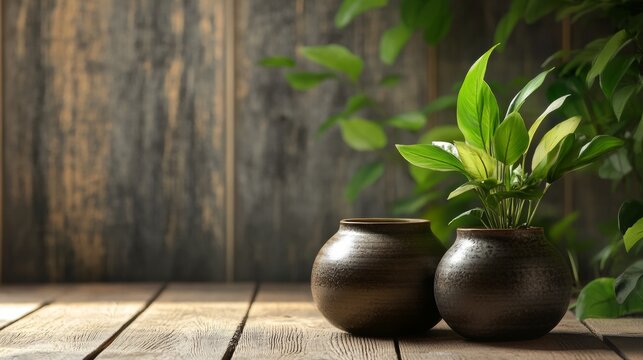 Minimalist potted plants arranged on rustic wooden surface with soft shadows and natural green atmosphere