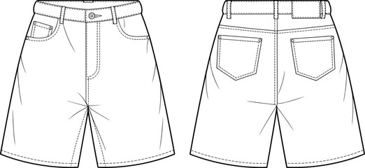 Denim shorts flat sketch front and back view, unisex casual wear fashion template, five pocket style design, technical apparel vector drawing illustration

.