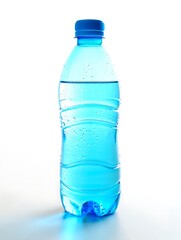Naklejka premium Blue plastic bottle filled with clear liquid and condensation water