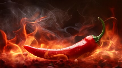 Red chili pepper with fire flames in dramatic spicy food concept and burning hot background