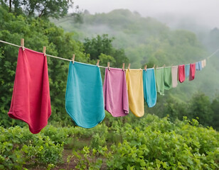 Colorful laundry drying on a clothesline in a misty green landscape