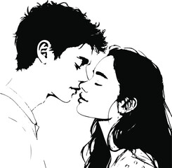 Romantic Black and White Close-Up Drawing of Young Couple Kissing – Intimate Line Art Illustration