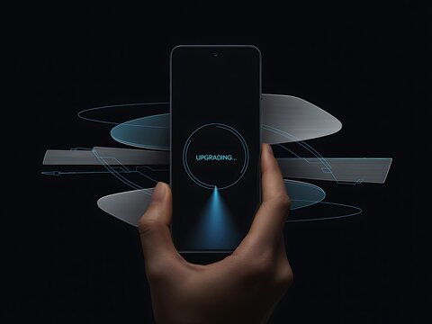 Hand holding smartphone upgrading with futuristic elements screen