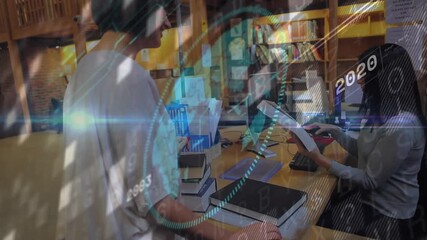 female patron handing volume to librarian registering library loan overlaying year stamps - Powered by Adobe