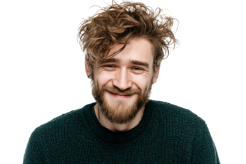 Smiling young man studio portrait photography bright environment. Isolated on transparent background, png.