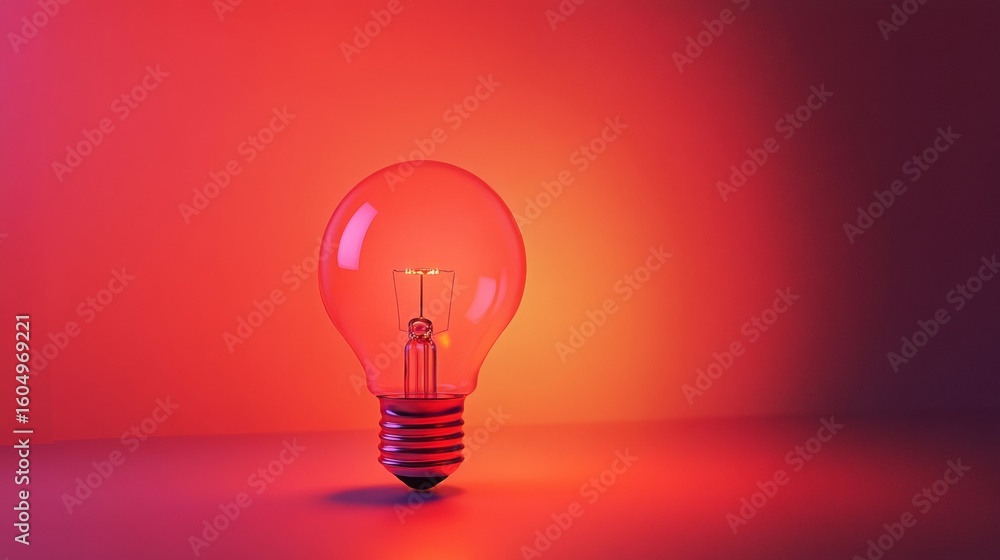 Poster creative concept of glowing red light bulb isolated on colorful gradient background with vivid illum