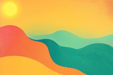 Abstract rolling hills under a bright yellow sun with textured background