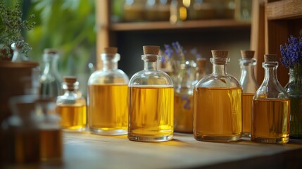 Glass bottles filled with golden herbal oils on wooden shelf in rustic apothecary style interior