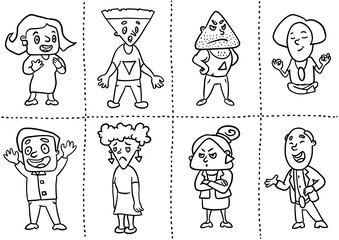 8 cartoon doodle characters with geometric heads showing diverse emotions, black and white outline