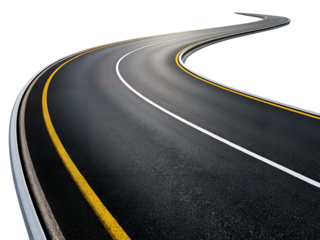 Curved asphalt road with yellow and white lines on a seamless transparent background ideal for transportation and travel concepts