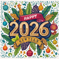 2026 greeting card and happy new year elements, engraving and linocut style illustration
