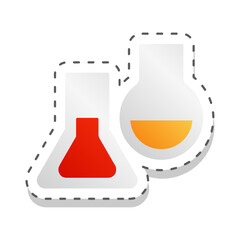 Science chemistry beakers and flasks sticker for lab experiments. Flat vector label cut out illustration  isolated on white. Science classes and education concept