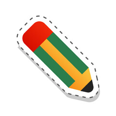  Cartoon vector icon of a school pencil in green and yellow, flat style, isolated on white background with dashed cut out line. Classic school pencil sticker for writing, drawing, and creative express