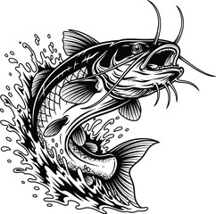 Jumping catfish with water splash. Black and white vector illustration for fishing sport logo.