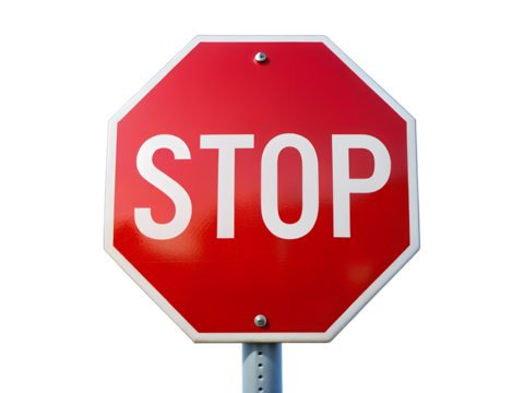 A bright red stop sign with white lettering stands prominently against a clear transparent background indicating traffic regulations
