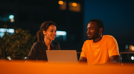 young professionals working outdoors at night 