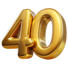 Golden number forty 3d render isolated on transparent background