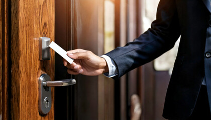 Naklejka premium Businessman uses a key card to enter his hotel room