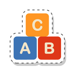 ABC alphabet blocks sticker. Kids learning, preschool education, and kindergarten symbol. Colorful toy cubes with letters. Flat cartoon vector icon, label isolated on white background.