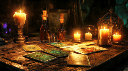 A wooden table with various tarot cards, lit candles and ritual objects. Divination, occult, mystical and enigmatic atmosphere.