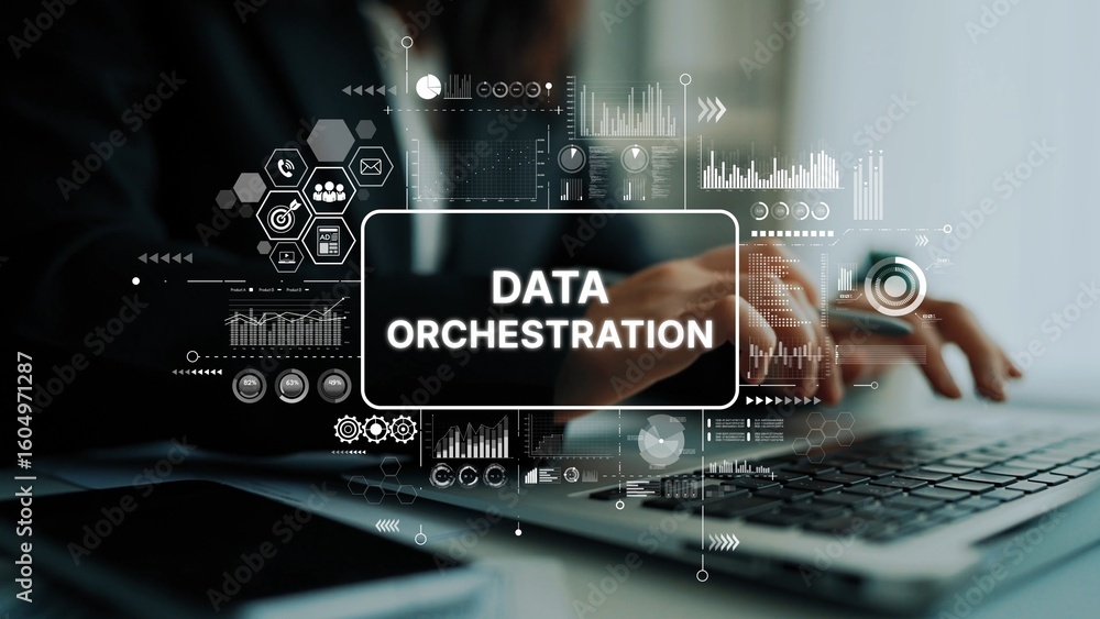 Poster data orchestration concept with digital interface and business metrics for modern workflow managemen