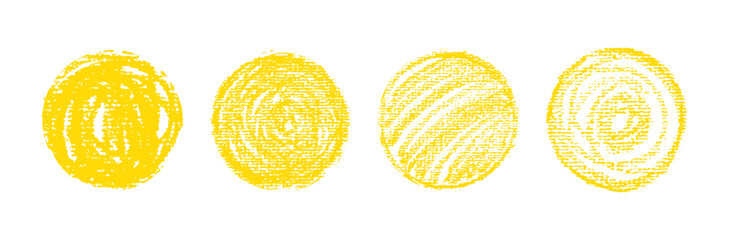 Yellow Japan style sun icon set. Vector round speech bubbles post designs elements for school children or kindergarten kids. Creative grungy paintbrush doodles with a charcoal and pastel texture