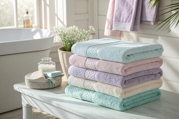 Pastel towels stacked on white bench in bright bathroom with bathtub, featuring mint green, pink,...