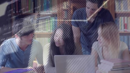 Study group flipping textbook and typing on laptop as upward graph appearing guiding data analysis - Powered by Adobe