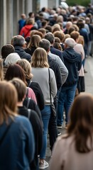 A large crowd patiently lines up in an orderly queue.