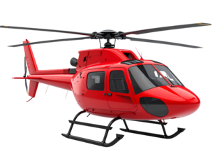 Front-Angled View of Red Rescue Helicopter with Skid Landing Gear, Clipping Path on White Background