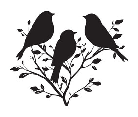 Silhouette of birds sitting on a tree branch.