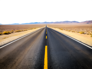 A long straight road stretches through a desert landscape leading towards distant mountains under a clear sky evoking a sense of travel isolated on transparent background