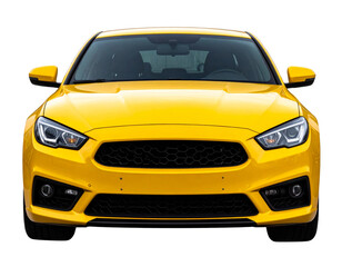 Front View of Sporty Yellow Car with LED Headlights and Glossy Hood, Transparent Background