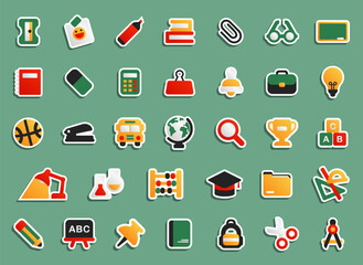 Vector sticker set of school icons including calculator, books, abc board, backpack, flask, bus, scissors, trophy, clipboard, pencil in cartoon flat style on green background. Back to school stickers